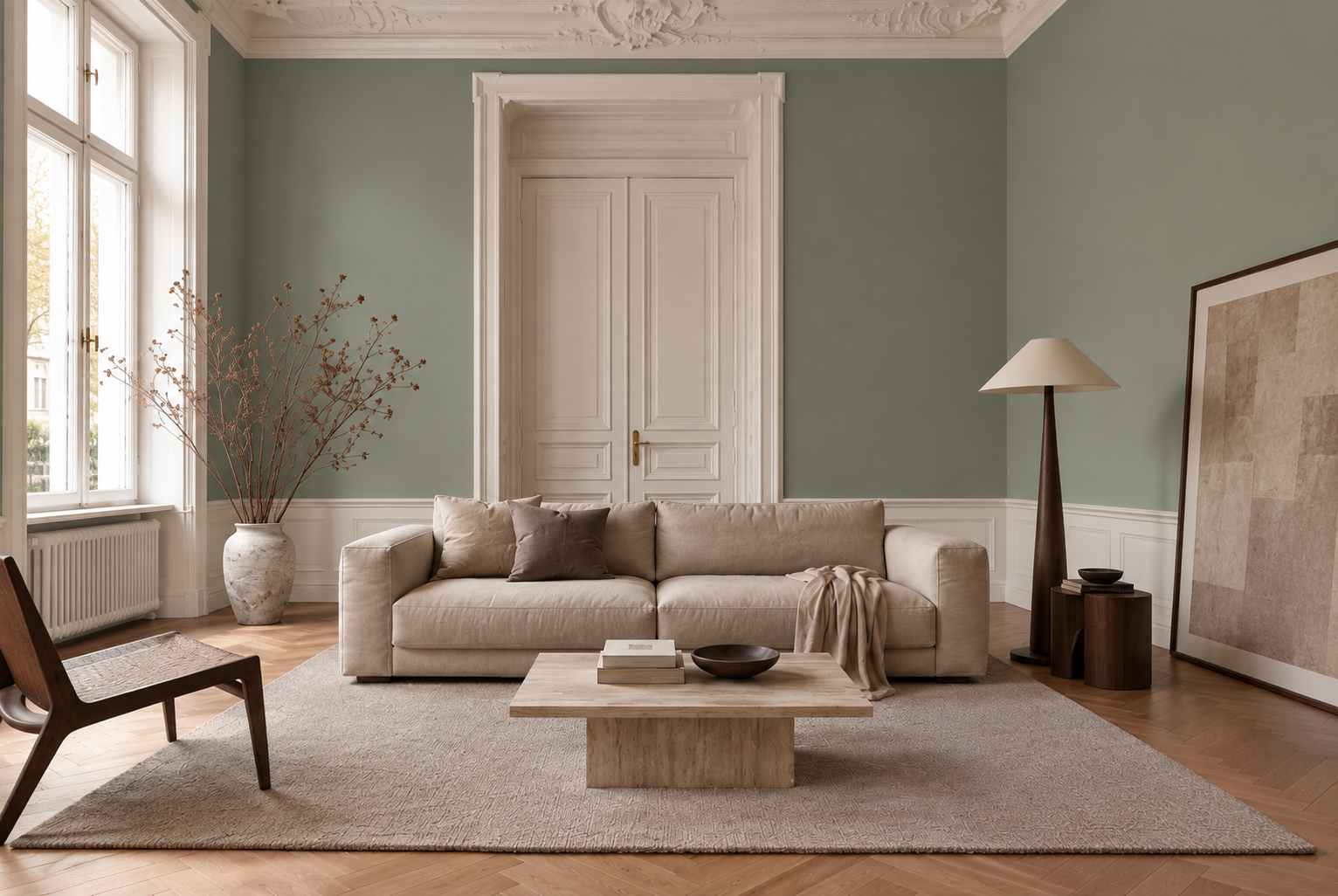 Visualisierung desselben Altbauzimmers mit Wandfarbe Muted Sage