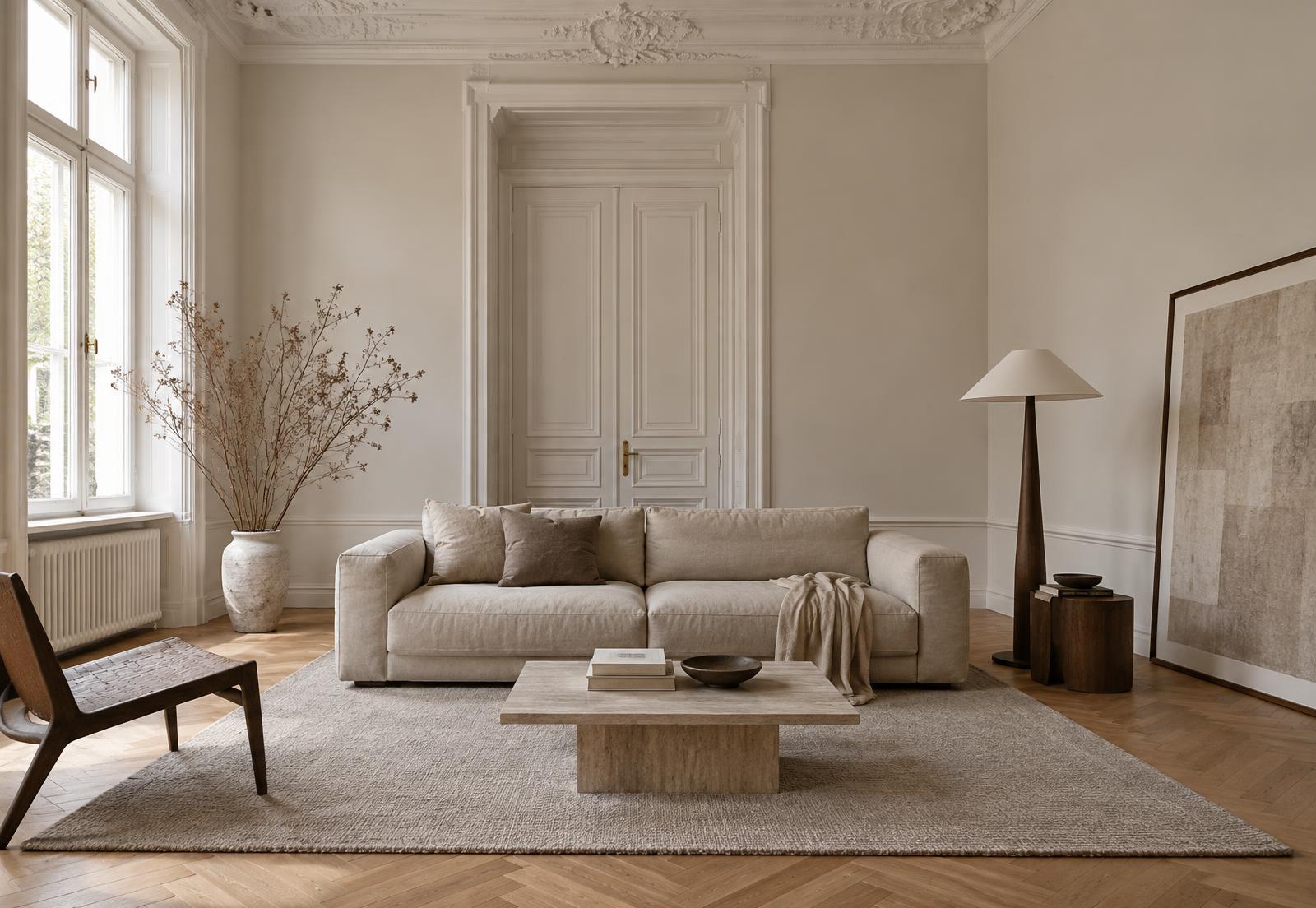 Visualisierung desselben Altbauzimmers mit Wandfarbe Warm Neutral